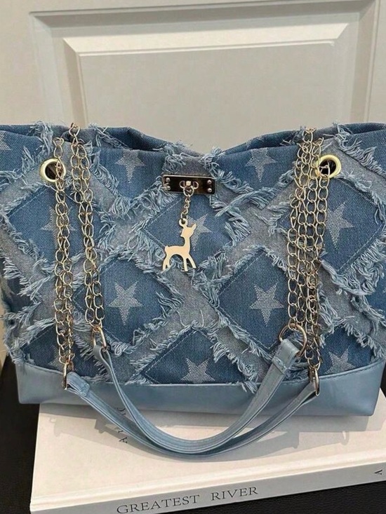 Unbranded Handbags - Star-Pattern Frayed Denim Tote - Light Blue